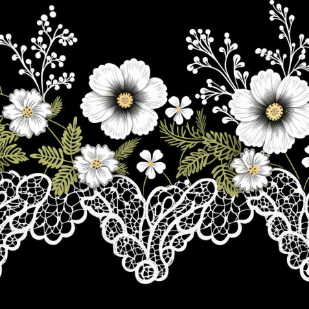 this elegant floral lace pattern features intricate black and white flowers, leaves, and vines, set against a crisp white background, perfect for adding a touch of sophistication to your designs, from wedding invitations to fashion accessories, with its simple, 2d, and vector design. ai generatedの素材