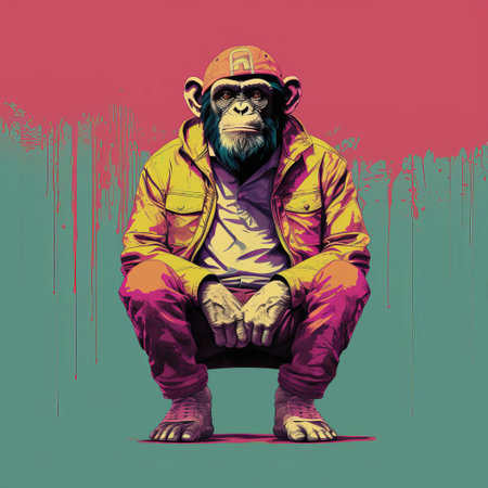 this charming chimp illustration, rendered in a minimalist style, showcases the full body of the primate in a vibrant risograph print, perfect for animal lovers and fans of modern art, featuring bold lines, bright colors, and a playful aesthetic. ai generatedの素材