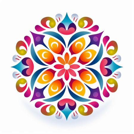 the mandala, an iconic symbol of intricate patterns, is beautifully showcased against a clean and minimalistic white background, allowing the vibrant colors of the design to take center stage, creating a stunning visual representation of spiritual and cultural significance. ai generatedの素材