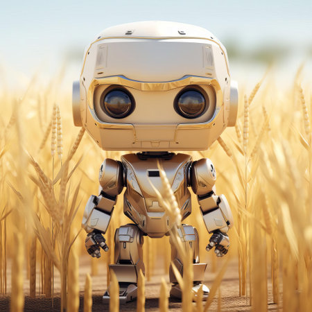the adorable wheat grid bot, showcasing fury in its mechanical eyes, stands out against a pristine isolated white background, with a shallow depth of field emphasizing its intricate details, while the cinematic composition adds a touch of futuristic drama to this captivating robot portrait, highlighting artificial intelligence and machine learning concepts. ai generatedの素材