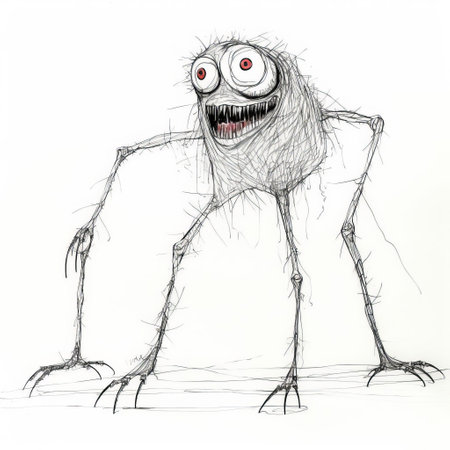 the monster, illustrated in a continuous line art style, is depicted in a full-body pose against a pristine white background, showcasing its fearsome features and powerful physique, perfect for fans of mythical creatures and fantasy art enthusiasts. ai generatedの素材