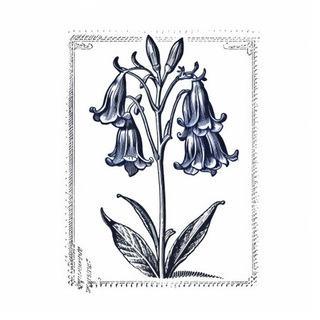 this vintage bluebell stamp features an intricate line engraving on a crisp white background, showcasing the delicate beauty of the flower in a classic, isolated print, reminiscent of traditional ink illustrations, perfect for botanical art enthusiasts and collectors of antique prints. ai generatedの素材