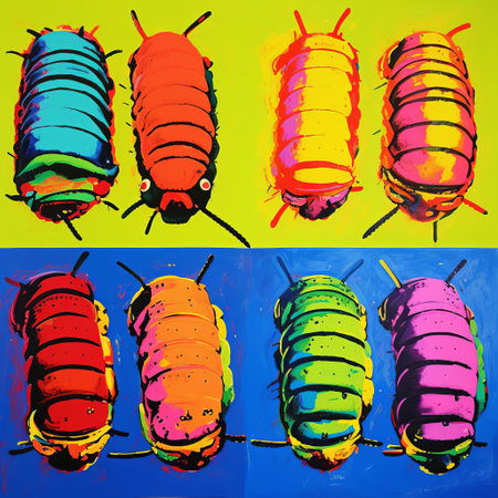 this vibrant caterpillar, reminiscent of andy warhol's iconic style, is showcased in a stunning quadruple portrait, embracing the bold and emotive qualities of expressionism, bursting with colorful hues that evoke a sense of whimsy and playfulness, blending art and nature in perfect harmony. ai generatedの素材