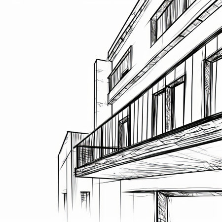 this balcony illustration is a rough, simple hand-drawn sketch, characterized by primitive and simplistic minimalist shapes, featuring thick lines and a bold outline, reminiscent of a quick doodle created with a black marker or sharpie, evoking a sense of playful imperfection and artistic naivety. ai generatedの素材