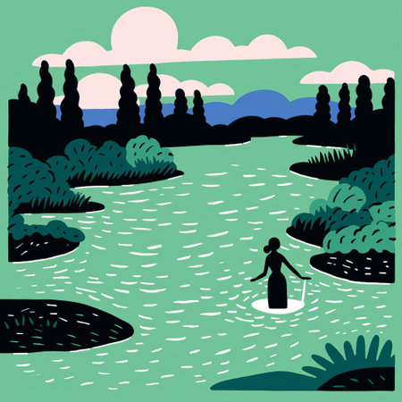 the lagoon illustration, crafted by renowned artist jean jullien, embodies the vibrant essence of fauvism art style, featuring a serene female figure surrounded by lush greenery and tranquil waters, evoking a sense of tropical paradise and relaxation, perfect for art enthusiasts and nature lovers alike. ai generatedの素材