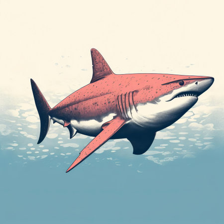 this shark, a majestic creature of the deep, is beautifully captured in a minimal screenprint illustration, presented as a vibrant risograph print, showcasing its full body in a striking, modern design that's perfect for ocean lovers and art enthusiasts alike. ai generatedの素材