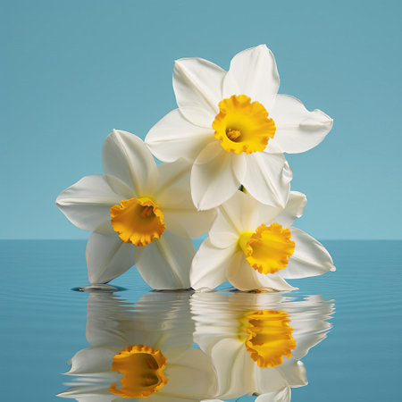 the narcissus flower, with its delicate white petals and bright yellow center, is showcased in stunning detail against a solid background, highlighting its intricate textures and subtle color variations, evoking a sense of botanical realism, perfect for nature enthusiasts and photography aficionados alike. ai generatedの素材