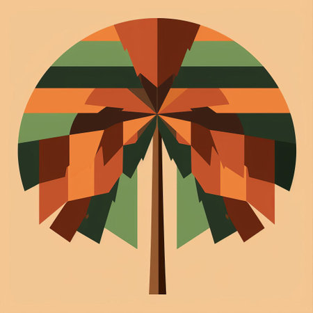 the palmwood, a tropical tree species, is beautifully depicted in this geometrically-simplified, flat-color vector illustration, showcasing its distinctive leaf structure and slender trunk, perfect for design projects requiring a stylized, minimalist approach to botanical art, ideal for use in logos, icons, and digital graphics. ai generatedの素材