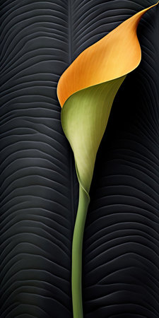the calla lily, with its elegant white petals and golden center, takes center stage in this intimate tabletop photography setting, surrounded by dark gray and black tones, showcasing the beauty of sustainable design and visually tactile surfaces, captured with a voigtlander bessa r2m camera. ai generatedの素材