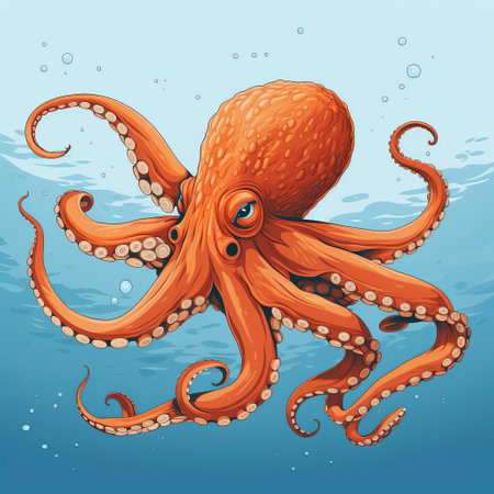 the octopus, illustrated in the distinctive style of moebius, sits poised in a three-quarter angle view, its slender tentacles curled and twisted, set against a solid, deep blue background, showcasing its intricate, yet simplified details, evoking a sense of otherworldly elegance and mystique, reminiscent of sci-fi and fantasy art. ai generatedの素材