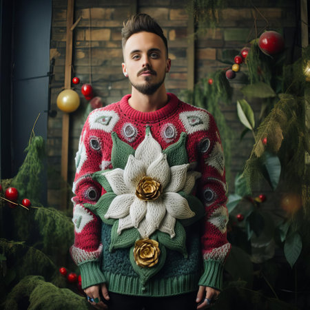 this whimsical lotus, inspired by the tackiest of christmas sweaters, flaunts its humorous charm with sweater-themed ornaments, colorful knit garlands, and oversized buttons, exuding a quirky, playful vibe that's sure to bring a smile to your face during the holiday season. ai generatedの素材