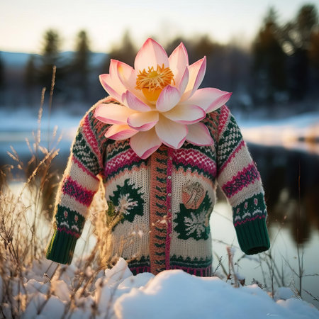 this whimsical lotus is a festive fusion of holiday humor and botanical beauty, adorned with sweater-themed ornaments, knit garlands, and oversized buttons, evoking the nostalgic charm of ugly christmas sweaters, blending quirky playfulness with elegant floral sophistication. ai generatedの素材