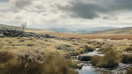 the yorkshire dales moor, bathed in warm, golden light, stretches towards the horizon, its lush green hills and valleys shrouded in a mystical mist, evoking a sense of tranquility and adventure in this picturesque corner of north yorkshire, england, perfect for hiking and nature escapes. ai generatedの素材