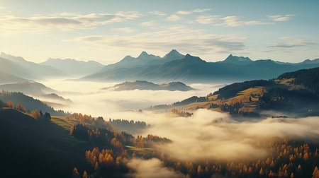 the majestic alpine landscape unfolds in breathtaking beauty during autumn, as a veil of fog gently wraps around the snow-capped mountains, showcasing nature's vibrant palette of golden hues, rustling leaves, and serene atmosphere, perfect for 8k wallpaper or print. ai generatedの素材