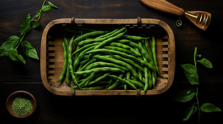fresh green beans slices are artfully arranged on a rustic wooden tray, showcasing their vibrant emerald hue and crunchy texture, perfect for healthy snacking, salads, or as a crunchy addition to favorite recipes, highlighting the beauty of fresh vegetables and farm-to-table cuisine. ai generatedの素材