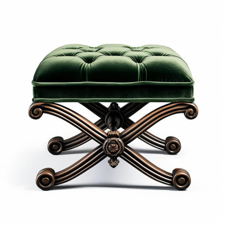 the velvet victorian foot stool, adorned with intricate carvings and ornate details, sits elegantly against a pristine white background, showcasing its luxurious texture and rich color palette in stunning 8k resolution, perfect for interior design and home decor inspiration. ai generatedの素材