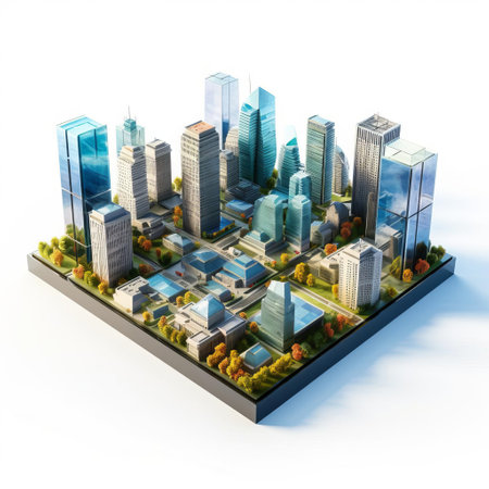 the isometric square model, crafted from shiny plastic, sits elegantly on a pristine white background, showcasing a stunning panorama in meticulous detail, perfect for 3d visualization, architectural design, and urban planning projects, highlighting the beauty of miniature models and modern design elements. ai generatedの素材