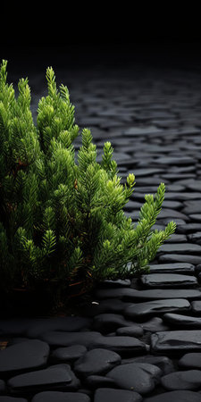 this majestic cypress tree grows serenely on black shingle, evoking a sense of sustainable design and visually tactile surfaces, captured in stunning detail with a voigtlander bessa r2m camera, showcasing a beautiful blend of dark gray and black hues, with a soft focus that adds to the mystique. ai generatedの素材