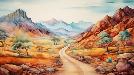 the serene landscape, bathed in warm light, features a winding road that stretches into the distance, surrounded by lush greenery and majestic mountains, evoking a sense of tranquility and adventure, reminiscent of a watercolor painting, perfect for nature lovers and travel enthusiasts. ai generatedの素材
