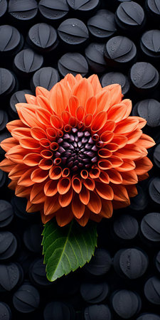 dahlia blooms majestically on a bed of dark gray and black shingle, evoking a sense of sustainable design and visually tactile surfaces, captured in a soft focus style reminiscent of tabletop photography, shot with a voigtlander bessa r2m camera, exuding a sense of moody elegance. ai generatedの素材