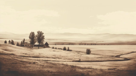 rural landscape stretches across the horizon, viewed from above, showcasing a serene and peaceful atmosphere, with a flat, duotone color scheme that evokes a sense of simplicity and rustic charm, perfect for nature lovers and fans of countryside scenery, rural photography, and aerial views. ai generatedの素材