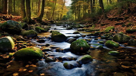 the serene landscape features a gentle stream flowing over small river stones, surrounded by vibrant fall foliage, captured in stunning 32k hdr quality, showcasing the award-winning photography skills of the artist, evoking a sense of tranquility and connection with nature's beauty. ai generatedの素材