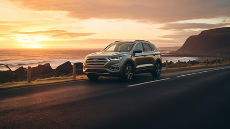 a sleek car parked on the side of the road basks in the warm, golden light of a breathtaking sunset, captured in stunning high detail with a low-angle shot using a sony alpha a7 mark iv camera, resulting in a realistic and mesmerizing 8k image. ai generatedの素材