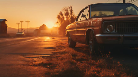 a sleek car parked on the side of the road basks in the warm, golden light of a breathtaking sunset, captured in stunning high detail with a low-angle shot on a sony alpha a7 mark iv camera, showcasing the vehicle's sleek design and vibrant colors in 8k resolution. ai generatedの素材