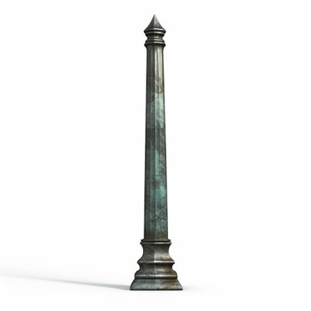 a flagpole, rendered in sleek, smooth, carved metal, stands proudly against a crisp white background, its once-vibrant paint now faded and scratched, telling a story of age and wear, brought to life through stunning maya 3d digital illustration. ai generatedの素材