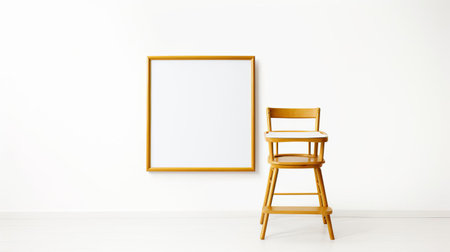 the highchair, with its sleek and modern design, sits elegantly against a clean white background, showcasing its golden frame, perfect for holding a 3x2 canvas, ideal for home decor, nursery, or baby shower photography props, adding a touch of sophistication to any room. ai generatedの素材