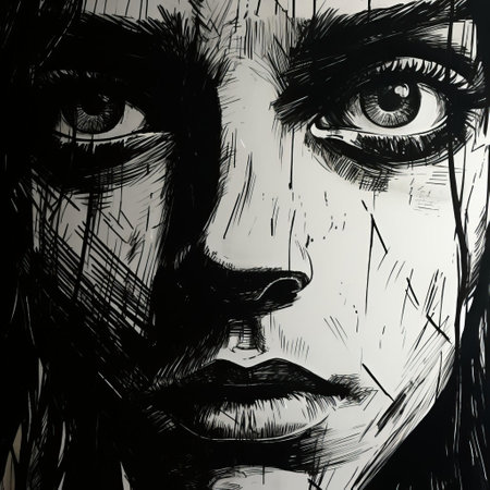 jose's face emerges from darkness, captured in a stark, hatch-shaded sketch with scratchy pen strokes and strong angular shapes, reminiscent of woodcut shading, featuring pouty lips and hungry eyes, blending minimalist realism with anime-inspired proportions and a distorted, fisheye perspective. ai generatedの素材