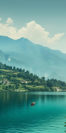 the serene lake scene, set amidst a majestic coastal plain, showcases a tranquil boat drifting on calm mediterranean waters, surrounded by majestic mountainous vistas, evoking a sense of introspective calm, with a palette of soothing dark green, aquamarine, dark turquoise, and light brown hues, reminiscent of a swiss-inspired lake wallpaper, captured in a webcam photography style. ai generatedの素材