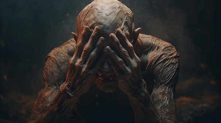 the cinnamon creature, depicted in a stunning hyper-realistic sci-fi art style, stands in shock with hands on its head, conveying intense emotion, reminiscent of alessio albi's signature aesthetic, crafted with bryce 3d software, featuring minimal retouching, and characterized by grainy, tenebrous tones, bold and dynamic lines, evoking andrew ferez's influence. ai generatedの素材