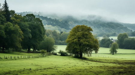 the countryside landscape, shrouded in mist, features a mix of deciduous trees and firs, their tops visible above the fog, on a rainy day, capturing the serene atmosphere of a rural area during the wet season, showcasing the beauty of nature in its tranquil state. ai generatedの素材