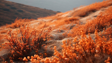 the hillside, adorned with vibrant fall wild flowers in warm shades of orange and rust, is beautifully captured in this stunning photograph, showcasing the essence of autumn's colorful landscape, perfect for nature lovers and photography enthusiasts alike. ai generatedの素材