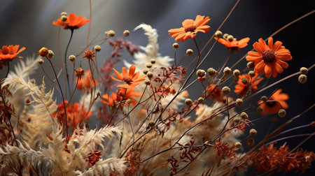 the vibrant wild flowers, set against a backdrop of rustic autumn hues, showcase the fleeting beauty of the fall season, with warm shades of orange and rust evoking feelings of coziness and nostalgia, perfect for nature lovers and photography enthusiasts alike. ai generatedの素材
