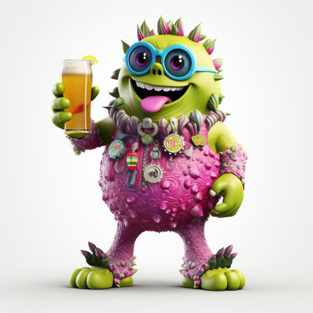 a 3d monster, dressed in high-quality fashion, holds a glass of refreshing fruit beer, posing in a full-body stance against a crisp white background, showcasing a unique blend of fantasy and luxury in this striking digital artwork. ai generatedの素材