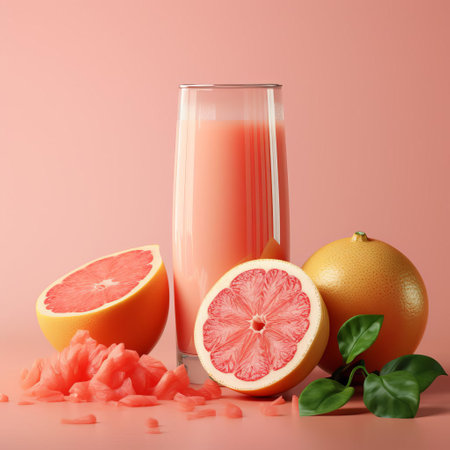 a refreshing glass of grapefruit juice sits elegantly on a single-color light background, showcasing the vibrant orange-yellow hue of the citrus drink, perfect for a healthy breakfast or brunch, highlighting the benefits of vitamin c and antioxidants in a modern kitchen setting. ai generatedの素材