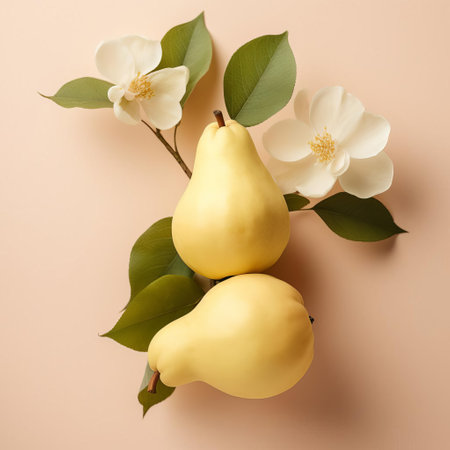 quince, a symbol of love and fertility, takes center stage in this serene and elegant still life, set against a soft, light yellow background, surrounded by delicate pastel hues, evoking a sense of warmth, simplicity, and rustic charm, perfect for minimalist home decor and botanical art enthusiasts. ai generatedの素材