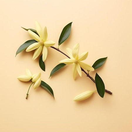 ylang-ylang flowers bloom beautifully against a soft, light yellow background, surrounded by delicate pastel hues, evoking feelings of serenity and calmness, perfect for aromatherapy and relaxation, featuring the sweet, floral scent of cananga odorata, a popular essential oil in perfumery and skincare. ai generatedの素材
