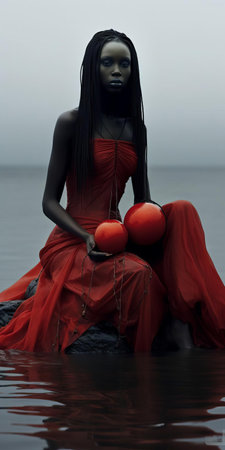 the ghanaian coastline, set against a dramatic wintry backdrop, is punctuated by a striking red gothic-style building, its intricate architecture a testament to the country's rich cultural heritage, as the sea waves gently lap at the shore. ai generatedの素材