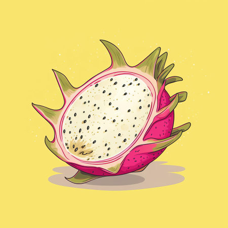 dragonfruit takes center stage in this stunning minimalist design, set against a soft light yellow background and accentuated with delicate pastel colors, creating a visually appealing and instagram-worthy still life that showcases the exotic fruit's vibrant pink and green hues. ai generatedの素材
