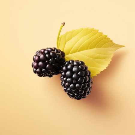 mulberry, a luscious fruit, takes center stage on a soft, light yellow background, surrounded by delicate pastel colors, evoking a sense of serenity and simplicity, perfect for a minimalist design that exudes elegance and sophistication, ideal for fruit lovers and design enthusiasts alike. ai generatedの素材