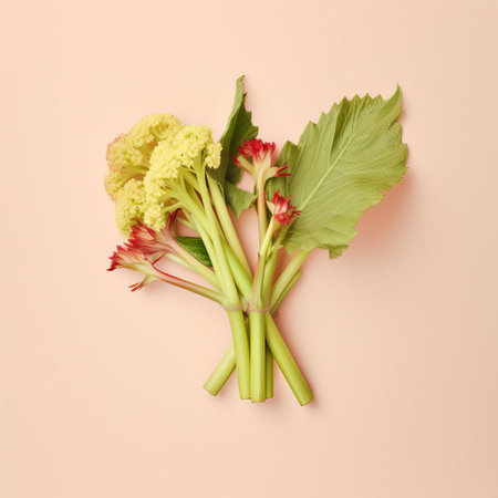 rhubarb takes center stage in this stunning minimalist design, set against a soft light yellow background that perfectly complements the vibrant pastel hues, creating a visually appealing and harmonious visual treat that's sure to delight fans of botanical illustrations and spring-inspired art. ai generatedの素材