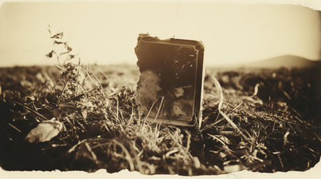 the chocolate, worn and weathered, sits alone in a lush green grassy field, captured in a distorted, blurry, and grainy black-and-white image, reminiscent of a vintage kodak expired instant film photograph, evoking a sense of nostalgia and retro charm. ai generatedの素材