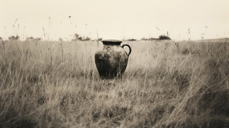 an old vase stands alone in a serene grassy field, captured in a distorted, blurry, and grainy black-and-white image, reminiscent of vintage kodak expired instant film photography, evoking a sense of nostalgia and retro charm, perfect for fans of analog photography and nostalgic decor. ai generatedの素材