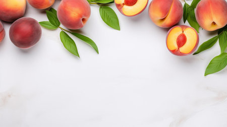 a vibrant nectarine rests on a rustic white chalkboard, surrounded by subtle shadows, creating a stunning still-life composition, perfect for summer fruit inspiration, food blogging, or healthy eating editorial content, evoking feelings of warmth and freshness, ideal for seasonal advertising and culinary art. ai generatedの素材