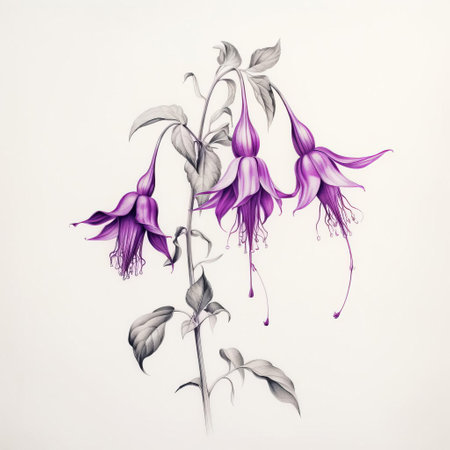 the campanula poscharskyana illustration showcases a delicate, fuchsia-hued drawing of the flowering plant on a crisp white background, perfect for tattoo inspiration or minimalist art enthusiasts, blending elegance with simplicity in a beautiful botanical art piece. ai generatedの素材