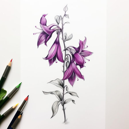 the campanula poscharskyana illustration showcases a delicate, hand-drawn fuchsia depiction of the flowering plant on a clean white background, perfect for tattoo inspiration or minimalist design enthusiasts, highlighting the beauty of nature in a simple, yet elegant way. ai generatedの素材
