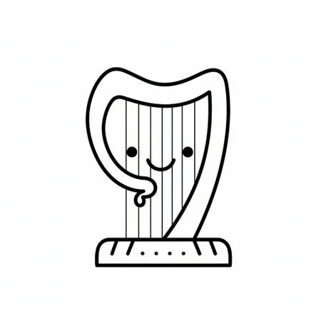 a coloring page for kids featuring a lineal icon of a harp drawing a line on a white background. this vector illustration by flaticon and dribbble showcases a crisp and pixel-perfect design in black and white. with a minimalistic and simplistic design, this kids cartoon style coloring page is perfect for little ones to enjoy. ai generatedの素材